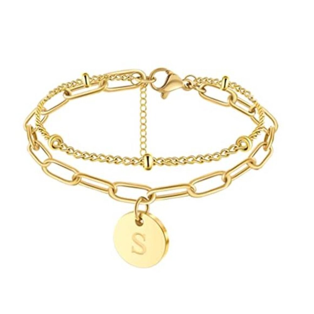 Letter S Initial Bracelet Stainless Steel Paperclip Chain Adjustable Gift